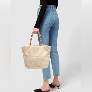 Vintage Chanel Beige Timeless Leather Tote with Tortoiseshell Chain Handles.